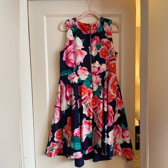 Special Occasion Summer Dress - Rich Navy with pink floral pattern, gold zipper - Picture 2 of 2